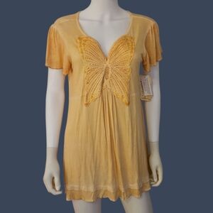ONE WORLD Yellow Embellished Butterfly Short Sleeve Fairy Tunic Top